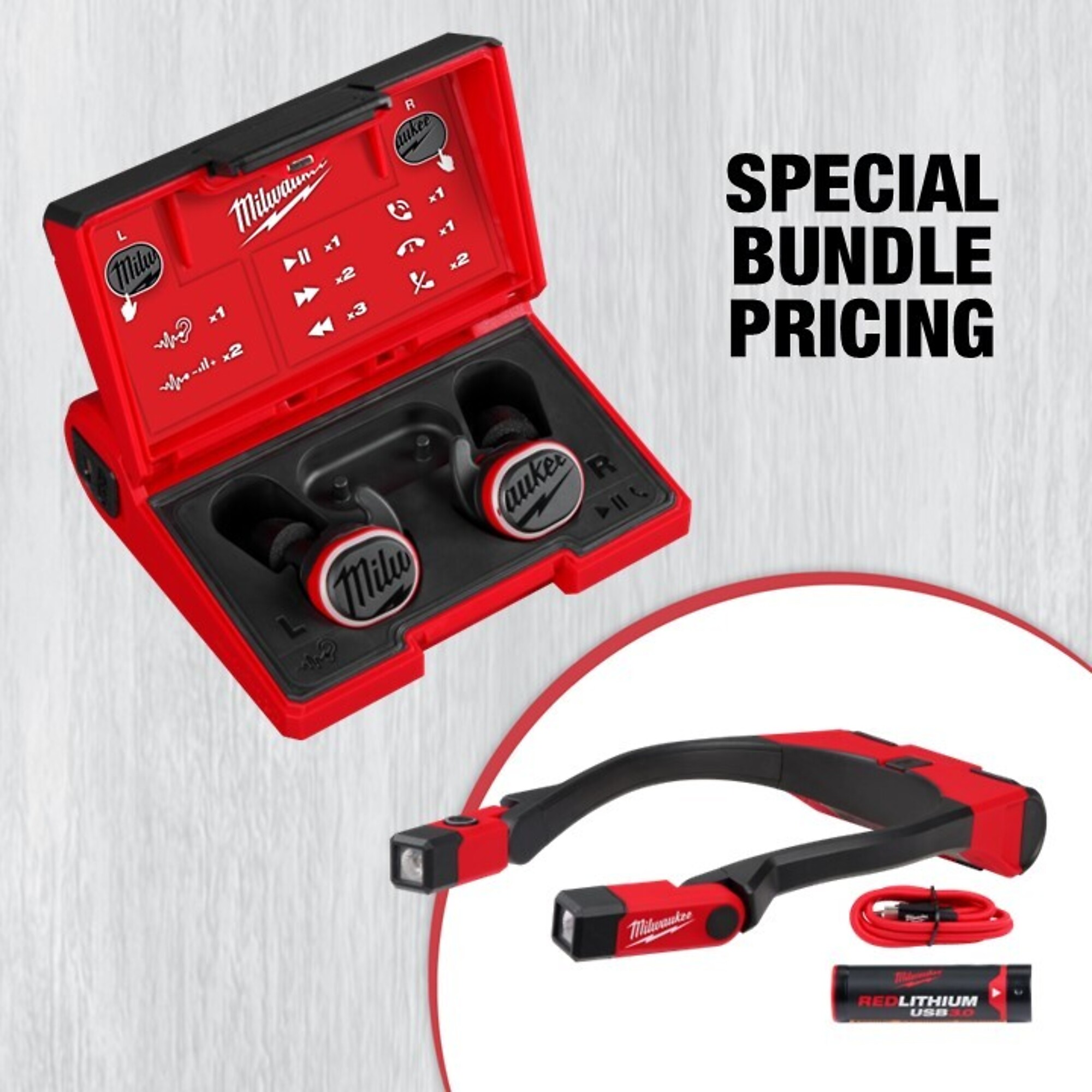Milwaukee REDLITHIUM USB Bluetooth Jobsite Earbuds with Necklight, Model# 2191-21SE24P4